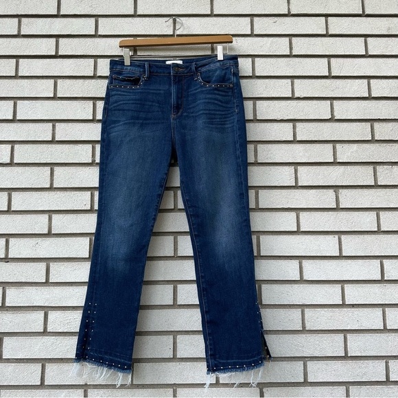 Driftwood Amelia Studded Straight Leg Jeans Dark Wash Raw Hem Side Slit Size 30 - Picture 4 of 14